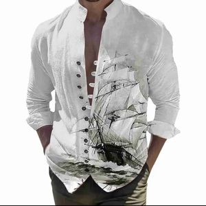 Men's Casual Shirt Ocean Landscape Print Button Cardigan Stand-Collar Large